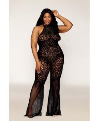 bodystocking en dentelle au crochet sans couture, grande taille, résille noire 